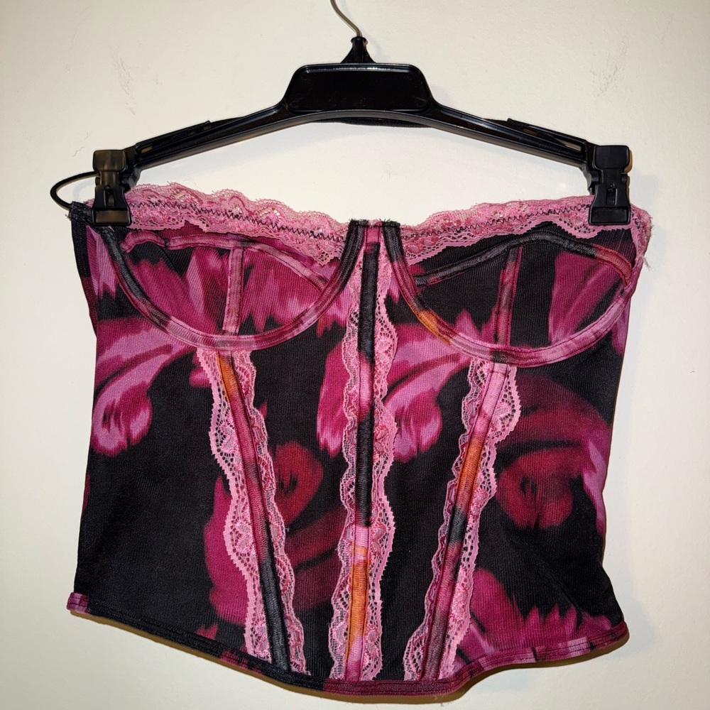 SHEIN Pink and Black Floral Lace Bustier